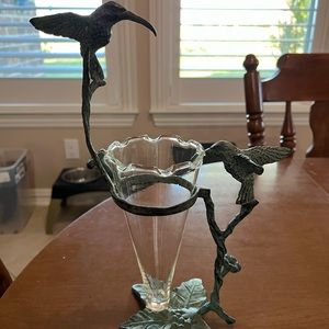 Vintage bronze metal hummingbird sculpture with glass tubed shape flower vase